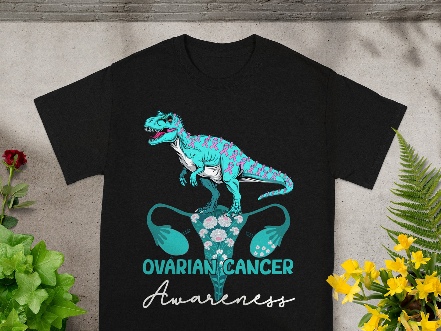 Ovarian Cancer Awareness Dinosaur Graphic T-Shirt