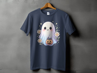 Dark blue t-shirt with a cute ghost holding a pumpkin, surrounded by flowers and stars.