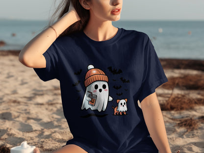 Cute Ghost and Dog with Beanie and Drink T-shirt