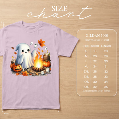 Light pink t-shirt with cute ghosts, pumpkins, and campfire graphic. Includes size chart.
