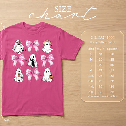 Pink Gildan 5000 t-shirt with ghosts, bows, and a size chart.
