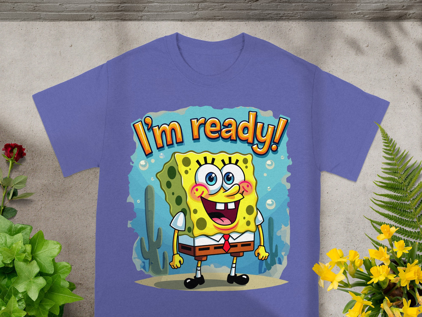 SpongeBob SquarePants t-shirt with "I'm ready!" text and underwater scene graphic.