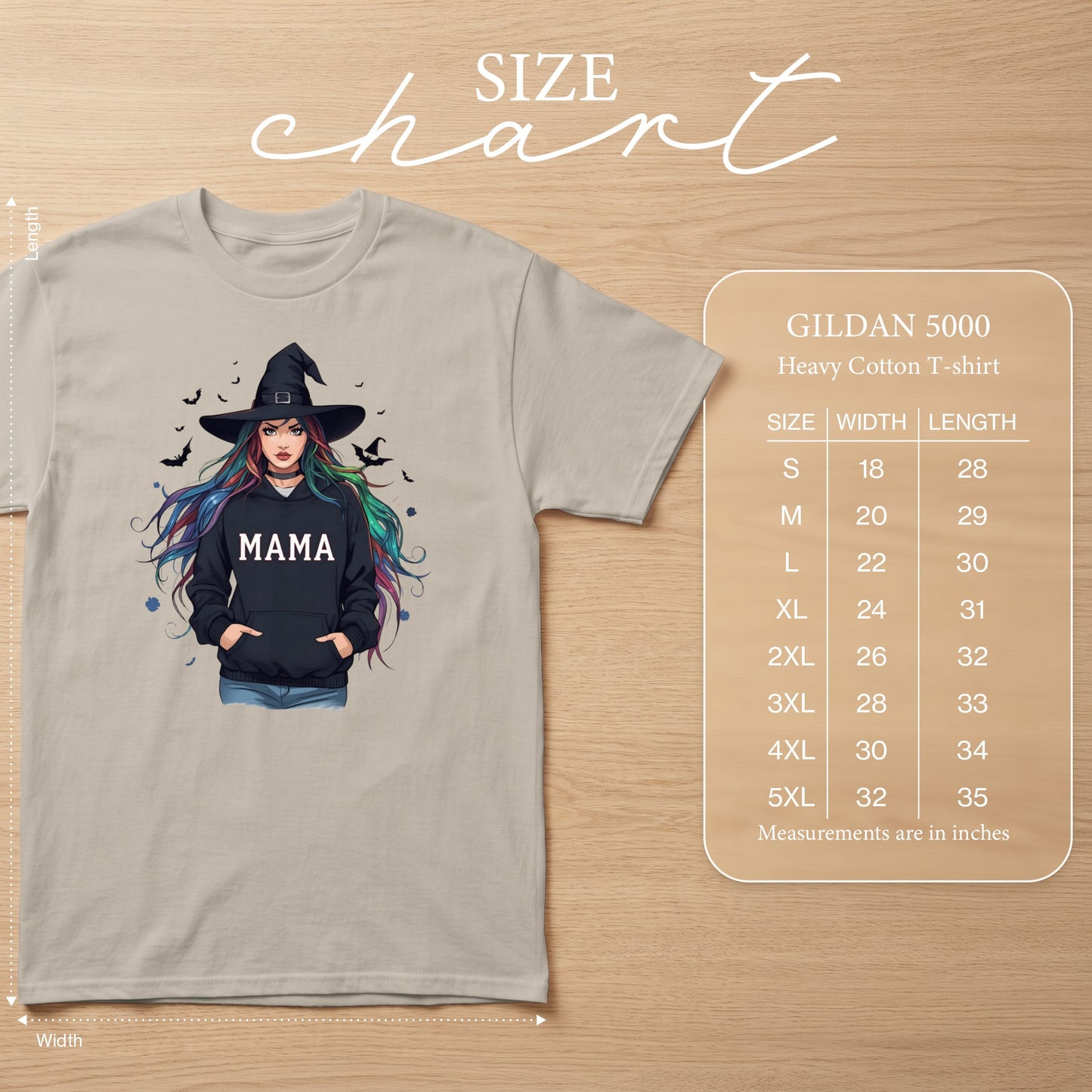 Light beige t-shirt featuring a "Mama" graphic of a witch with colorful hair and a size chart.