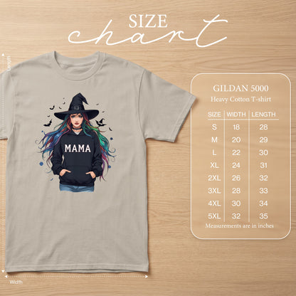 Light beige t-shirt featuring a "Mama" graphic of a witch with colorful hair and a size chart.