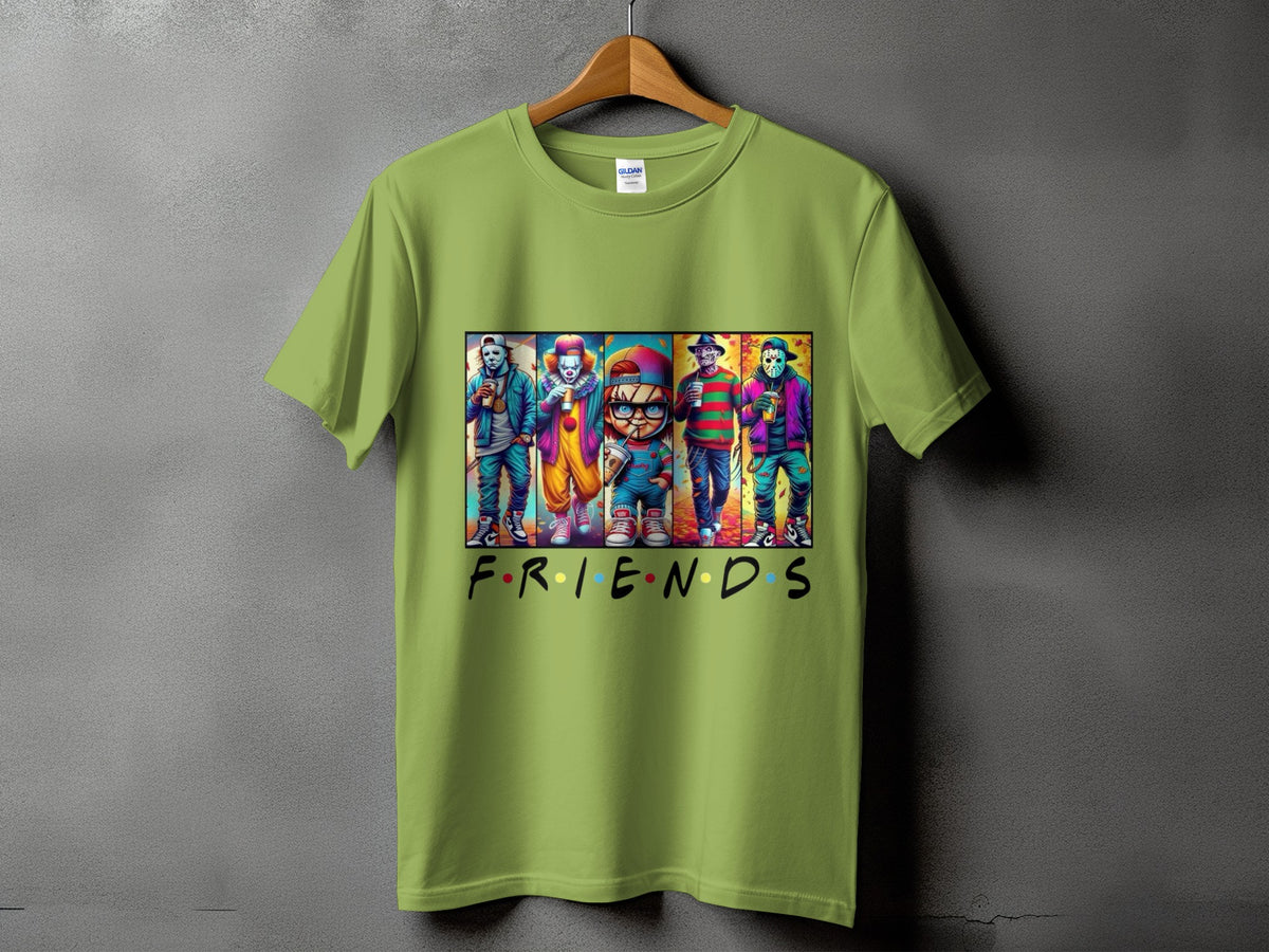 Green t-shirt with horror characters and "FRIENDS" text.