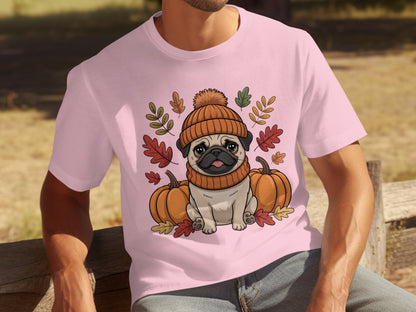 Cute Pug Dog in Autumn Leaves with Pumpkin T-shirt