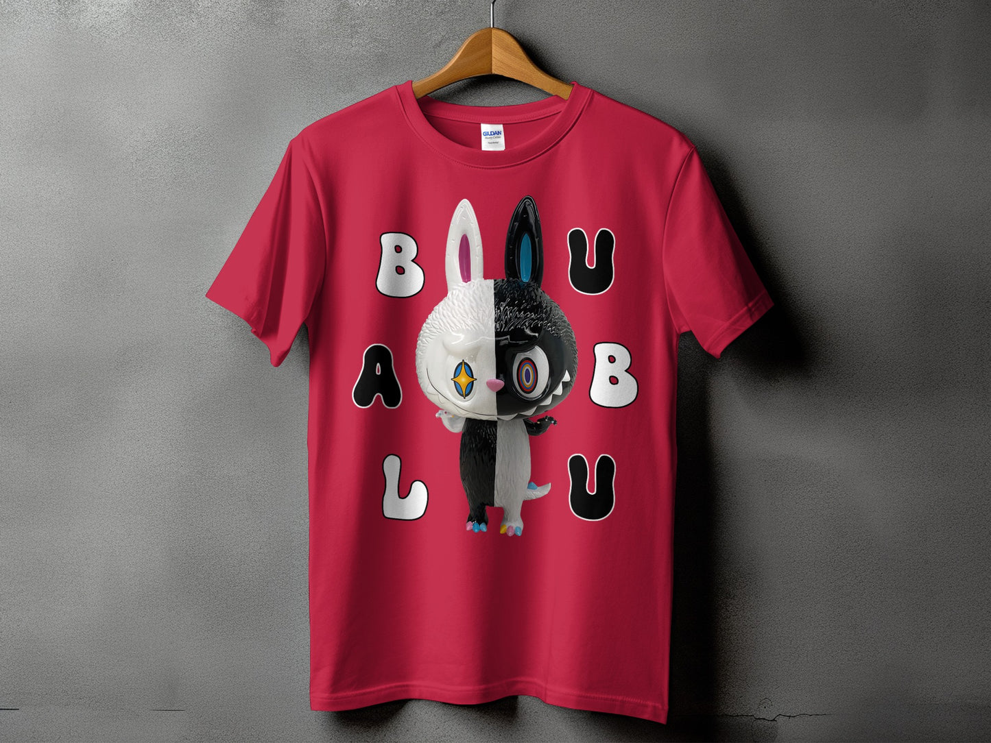 Red t-shirt with a black and white character and text "BALU"