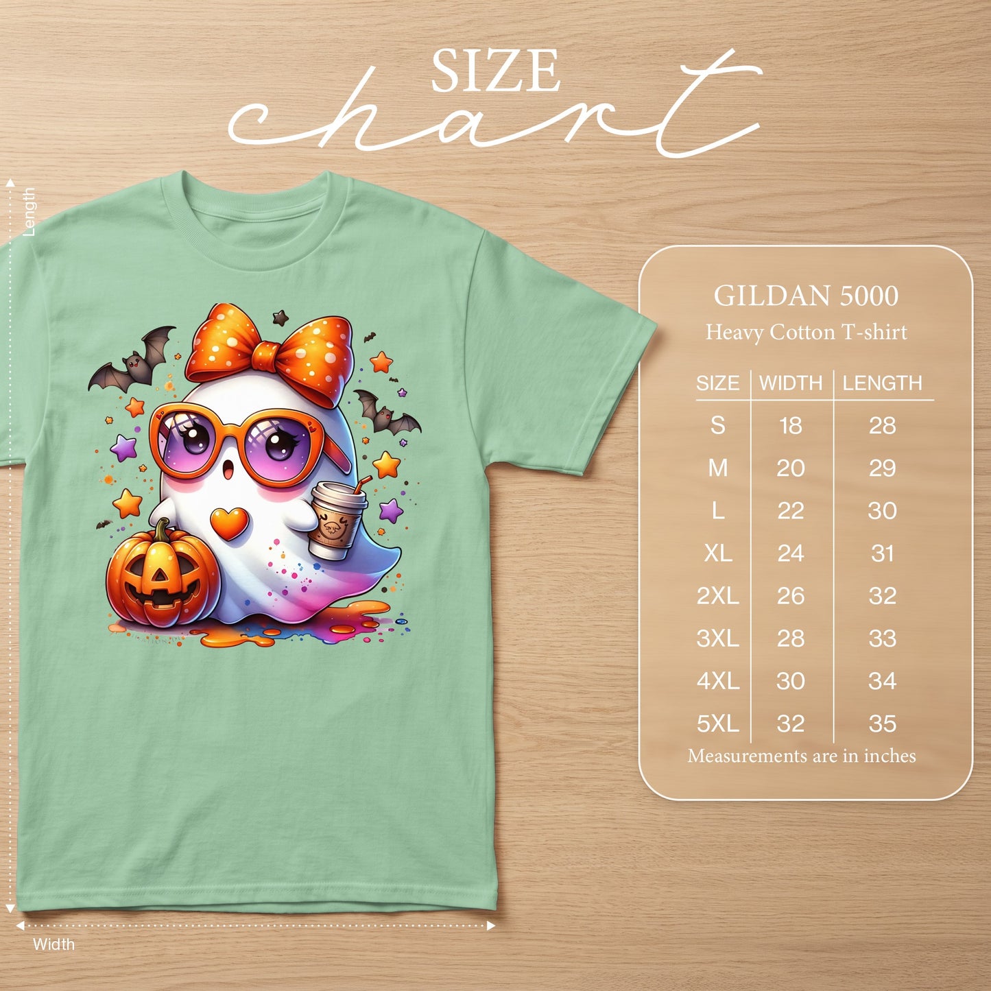 Light green Gildan 5000 heavy cotton t-shirt with cartoon ghost graphic and size chart.