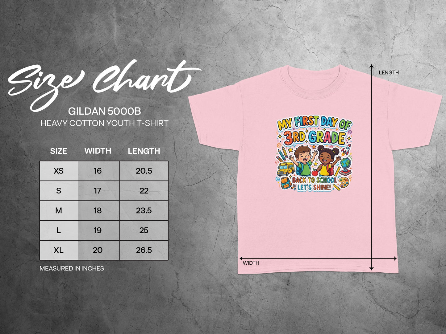 Gildan 5000B youth t-shirt size chart with width and length measurements.