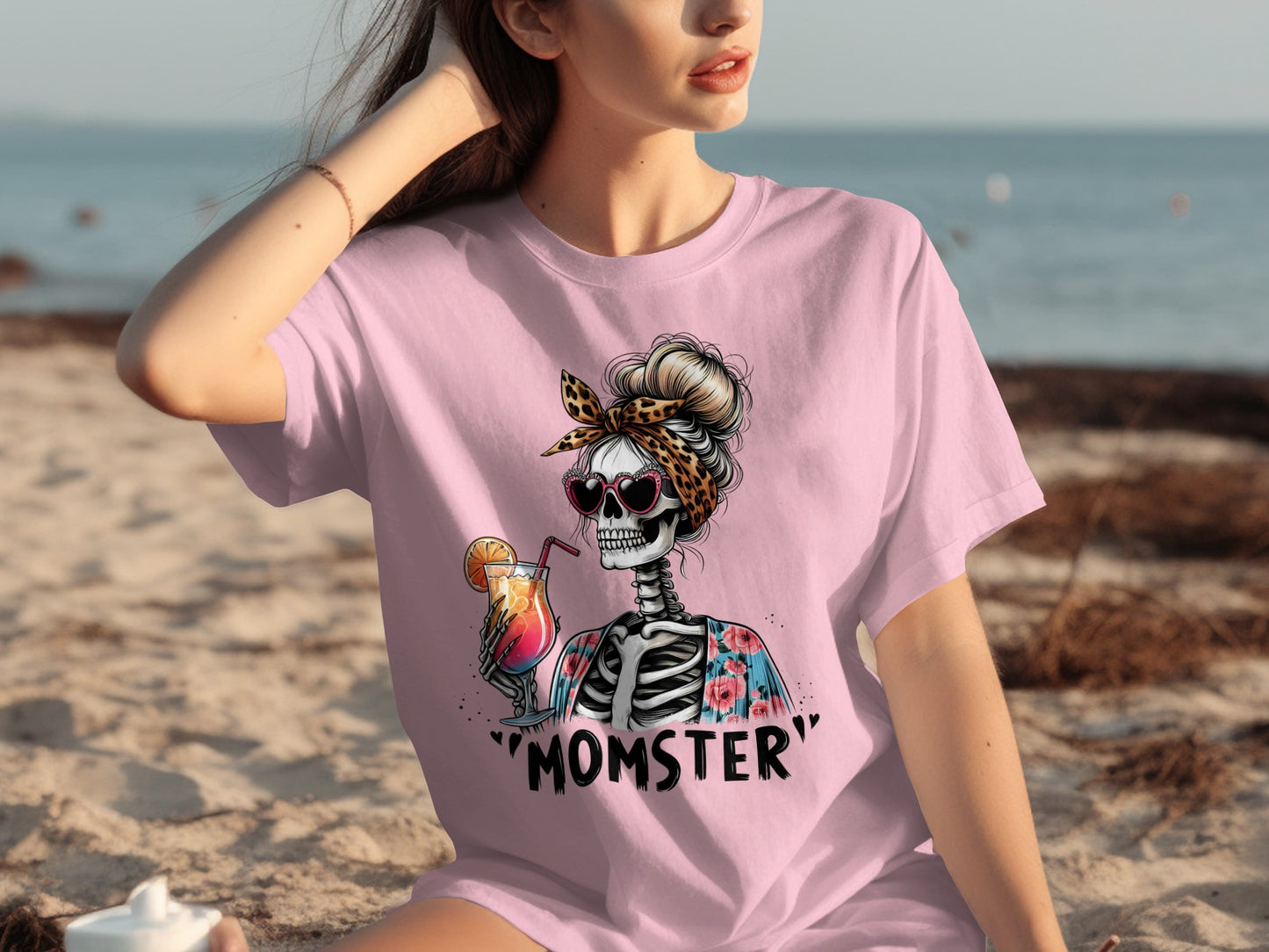 Momster Skeleton Drinking Cocktail Graphic T-Shirt