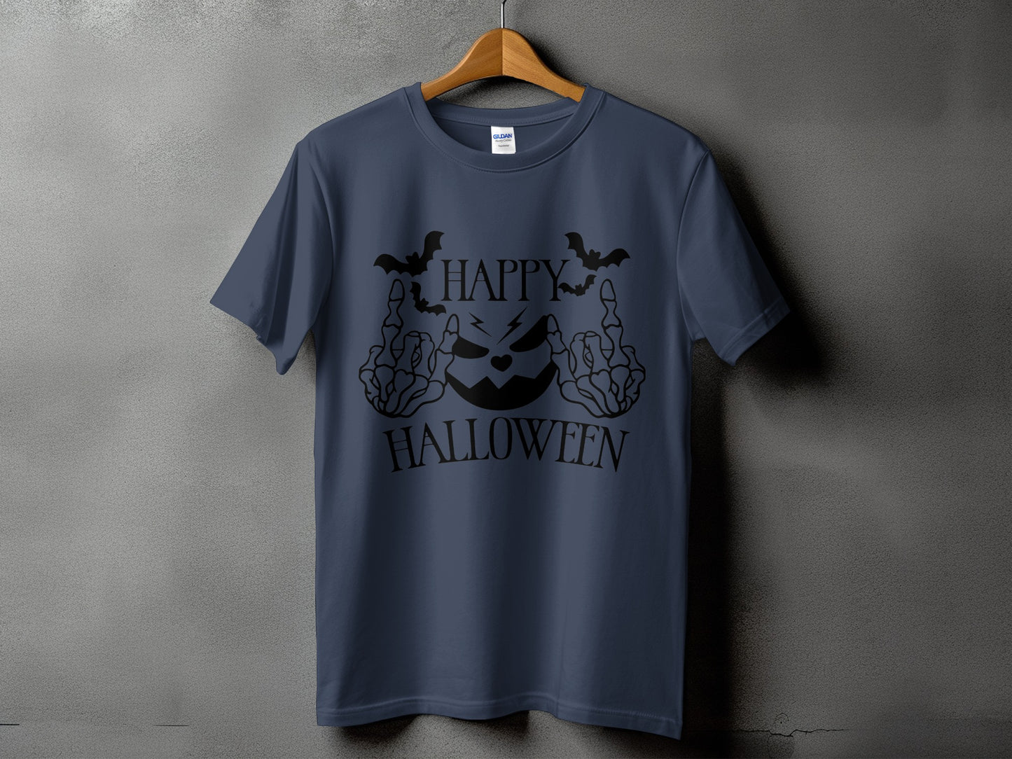 Dark blue t-shirt with "Happy Halloween" and jack-o'-lantern design.