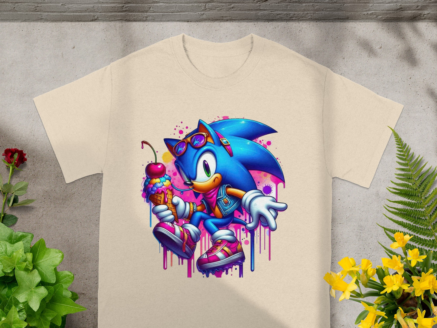 Sonic the Hedgehog with sunglasses holding an ice cream cone on a cream t-shirt.