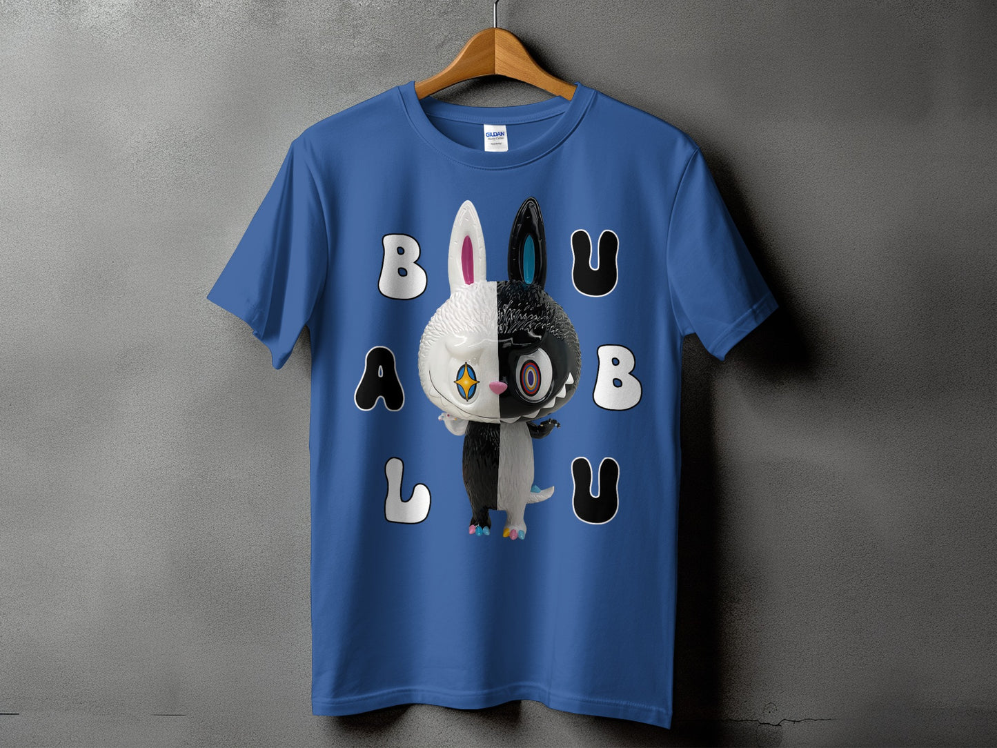 Blue t-shirt with black and white split bunny graphic and text "BALU".