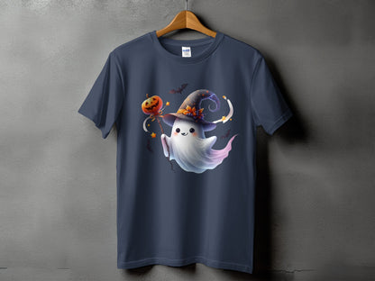 Dark blue t-shirt with a cute ghost in a witch hat holding a pumpkin on a stick.