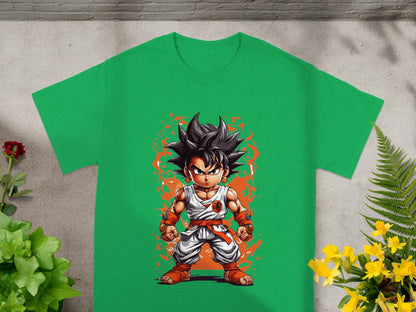 Green t-shirt featuring a cartoon character with spiky hair.