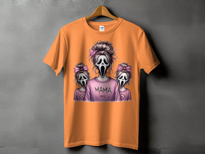 Orange t-shirt with graphic of Ghostface characters and "MAMA BES" text.