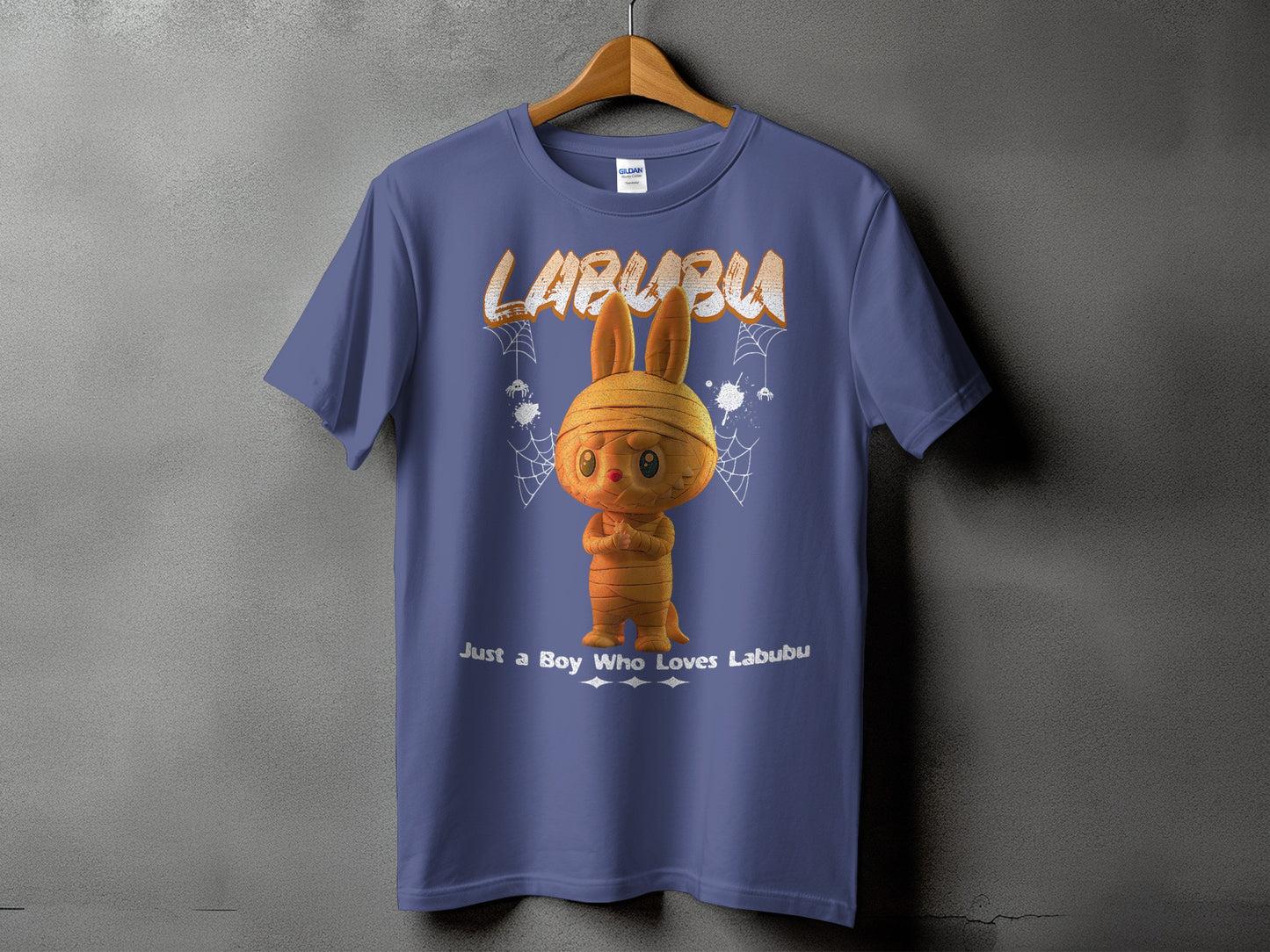 Purple t-shirt with Labubu character and text "Just a Boy Who Loves Labubu".