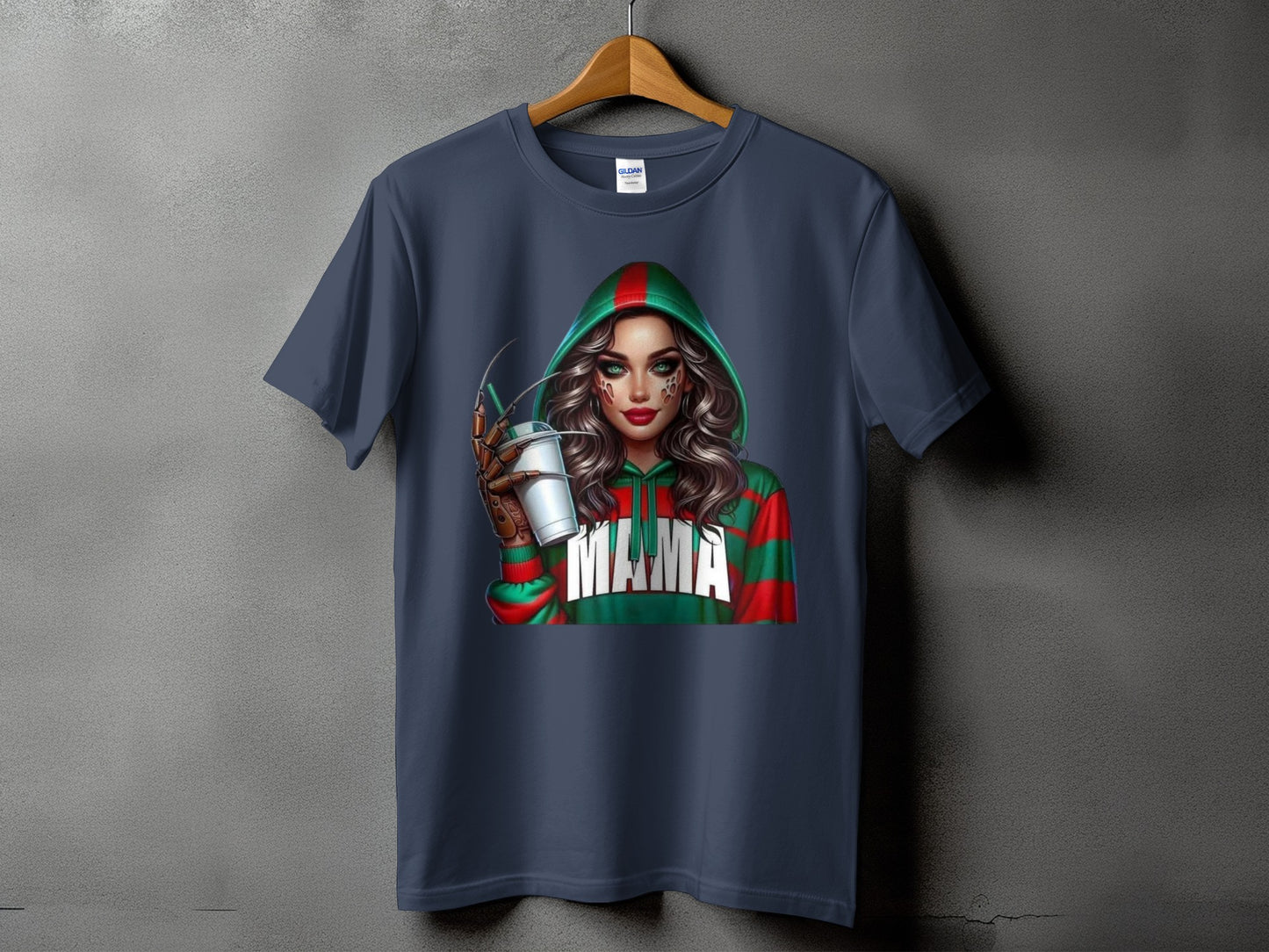 Dark blue t-shirt with a graphic of a woman in a red and green striped hoodie holding a cup.