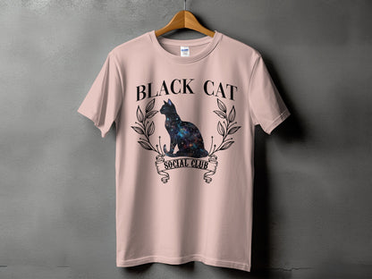 Pink t-shirt with "BLACK CAT SOCIAL CLUB" text and a galaxy cat graphic.
