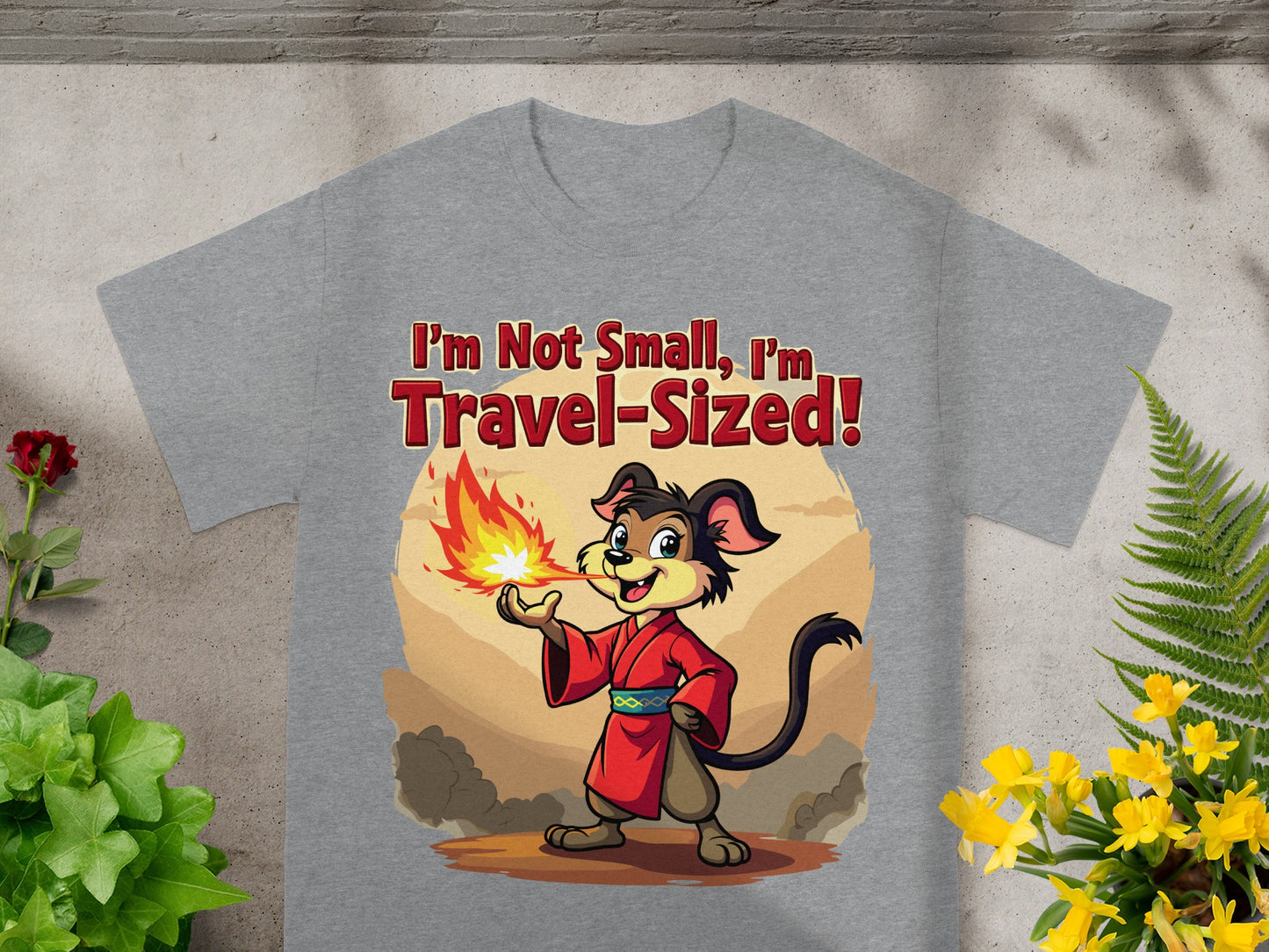 Cartoon dog in red kimono breathing fire, text "I'm Not Small, I'm Travel-Sized!".