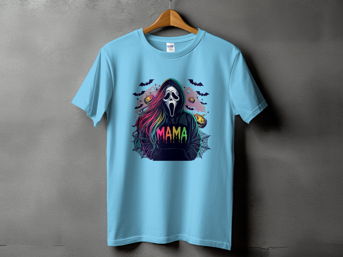 Light blue t-shirt with a graphic of a ghostface character and the word "MAMA".