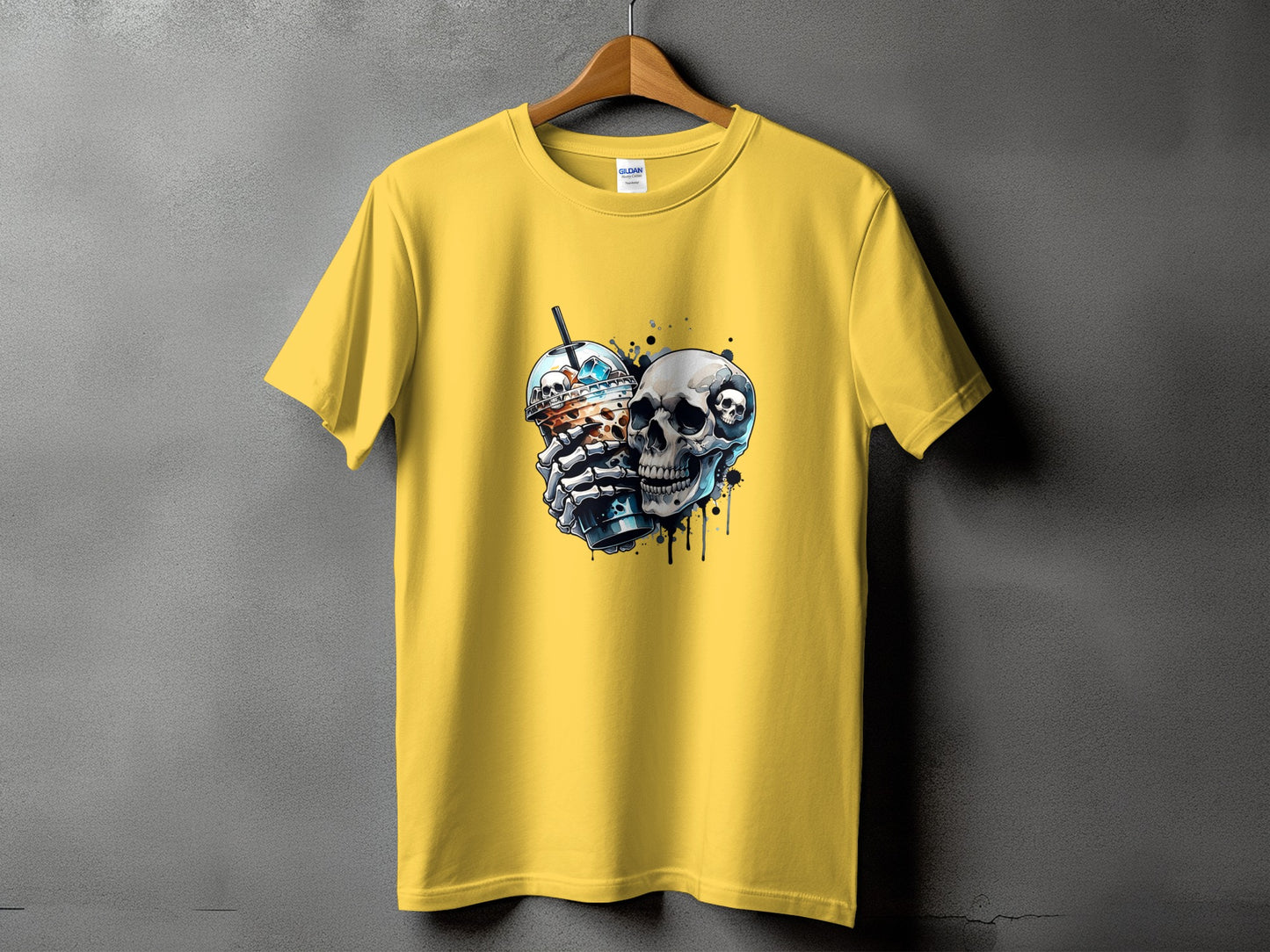 Yellow t-shirt with graphic of skull holding a bubble tea cup.