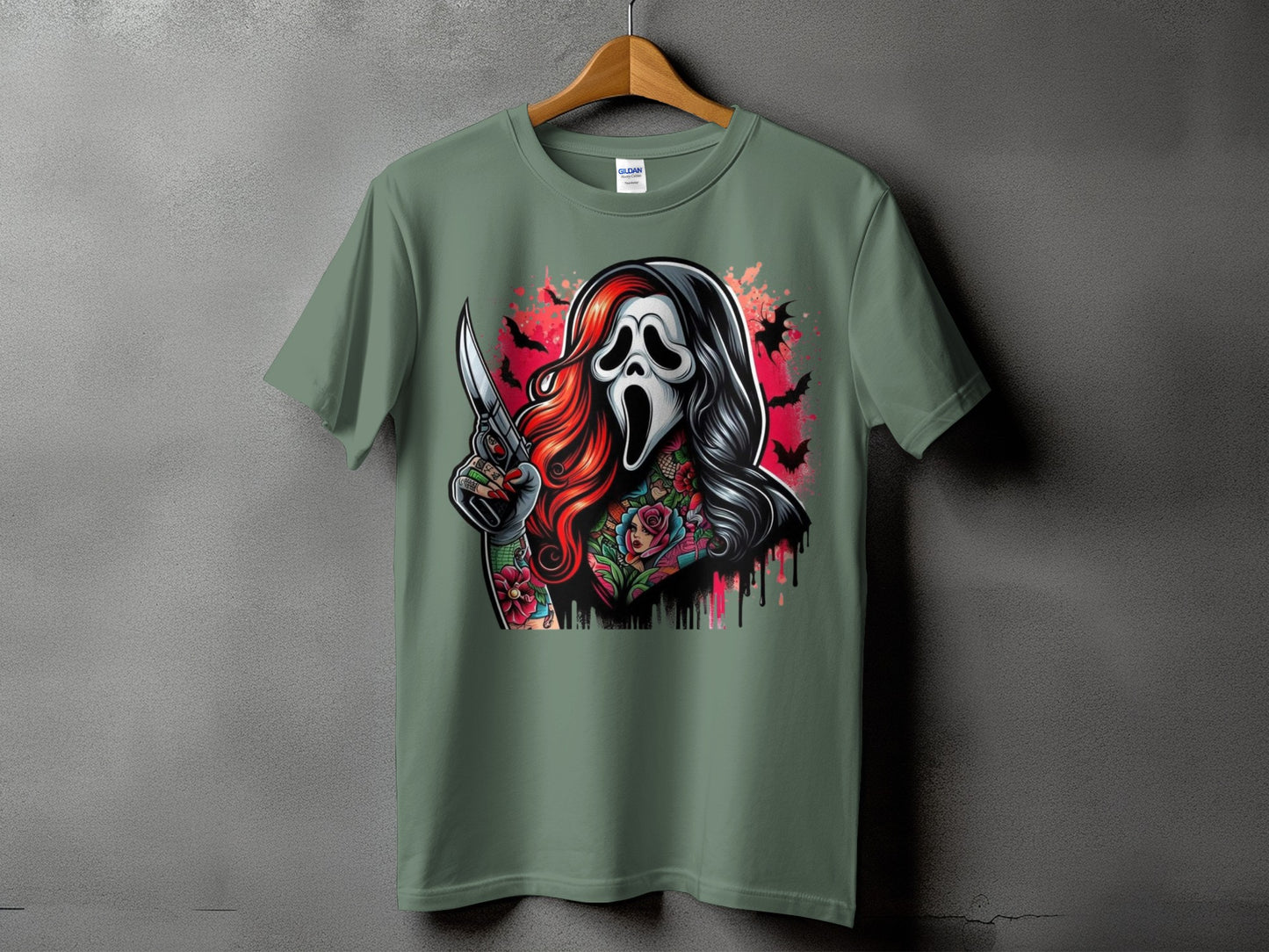 Green t-shirt with a Ghostface mask and tattoos design.