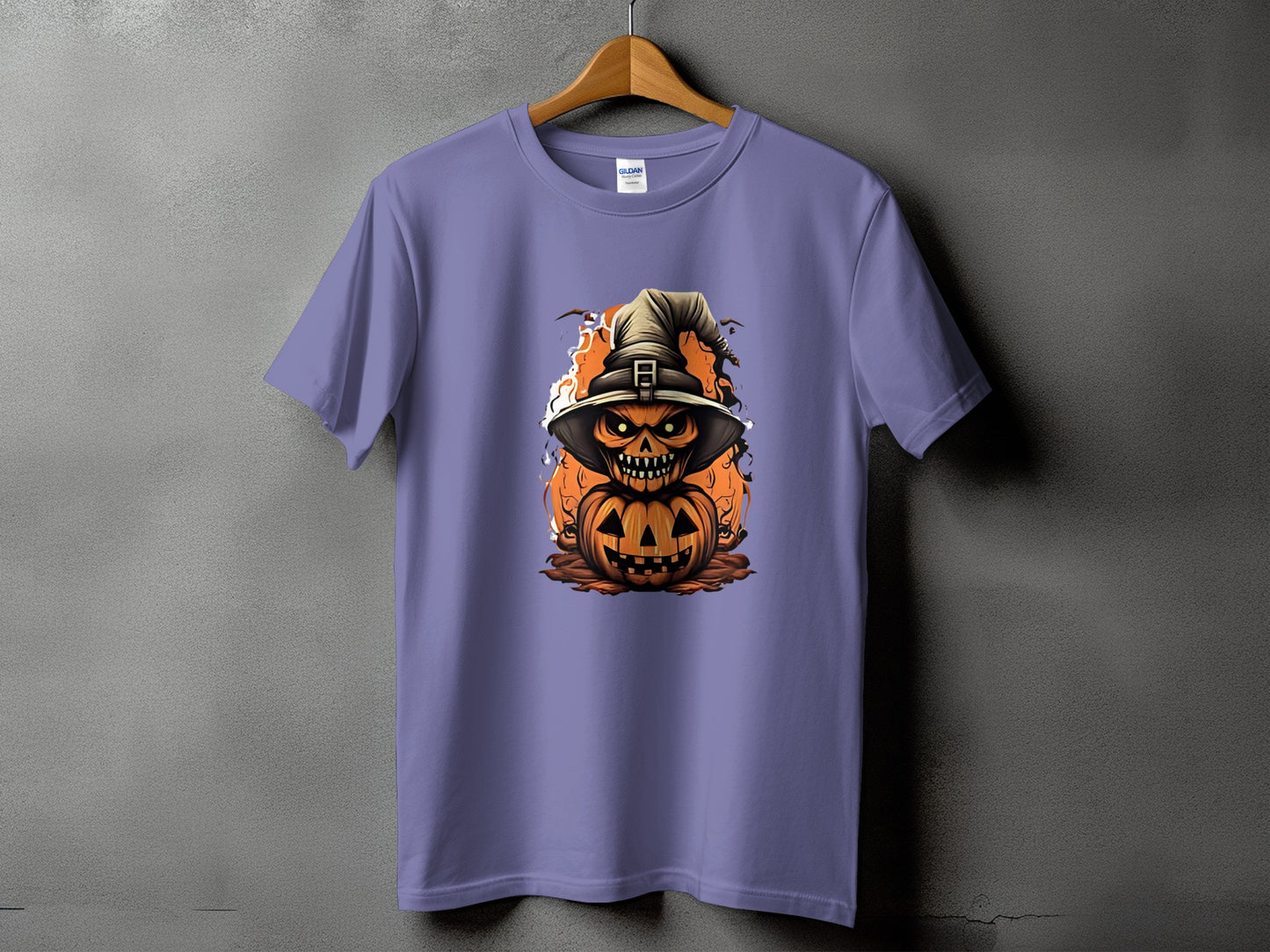 Purple t-shirt with a scary jack-o-lantern wearing a witch hat and flames.