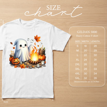 White Gildan 5000 t-shirt with ghost and Halloween scene, with size chart.