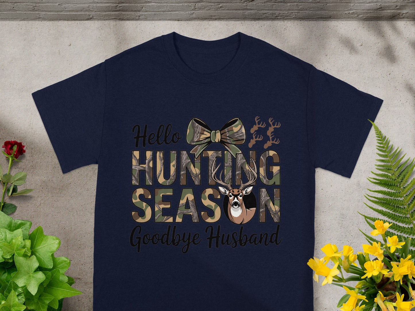 Navy t-shirt with "Hello Hunting Season Goodbye Husband" text and deer.