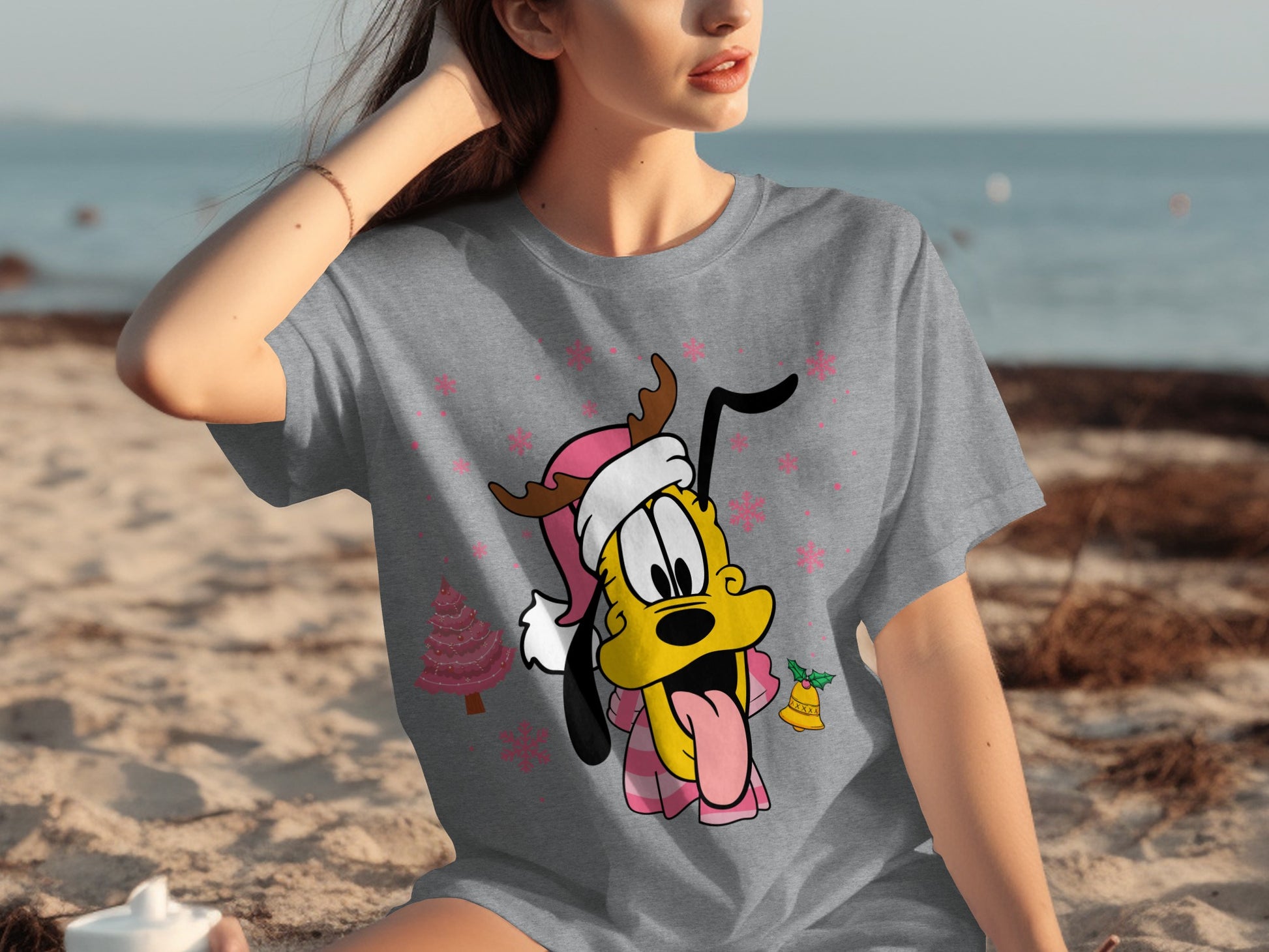Cute Cartoon Dog in Santa Hat and Antlers T-shirt