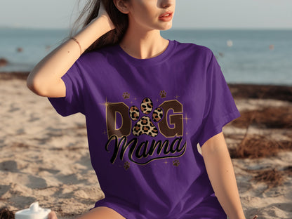 Dog Mama Graphic Tee with Leopard Print Paw Design