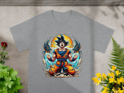 Goku in fighting stance with dragons and clouds, front print on gray t-shirt.