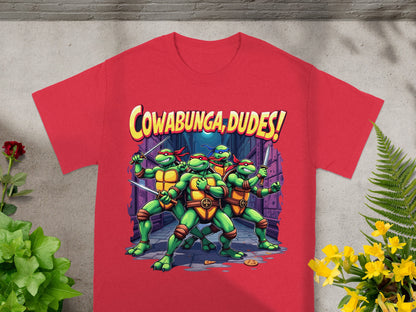 Teenage Mutant Ninja Turtles with swords on a red t-shirt saying "Cowabunga, Dudes!".