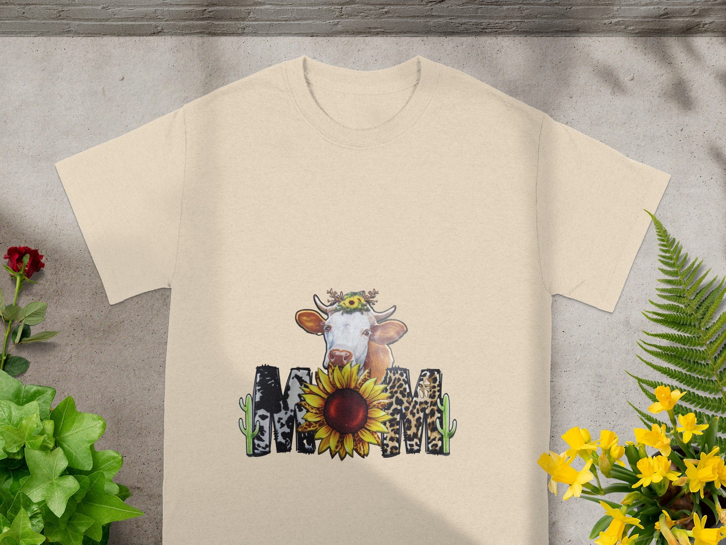Mom Cow And Sunflower Graphic T-Shirt
