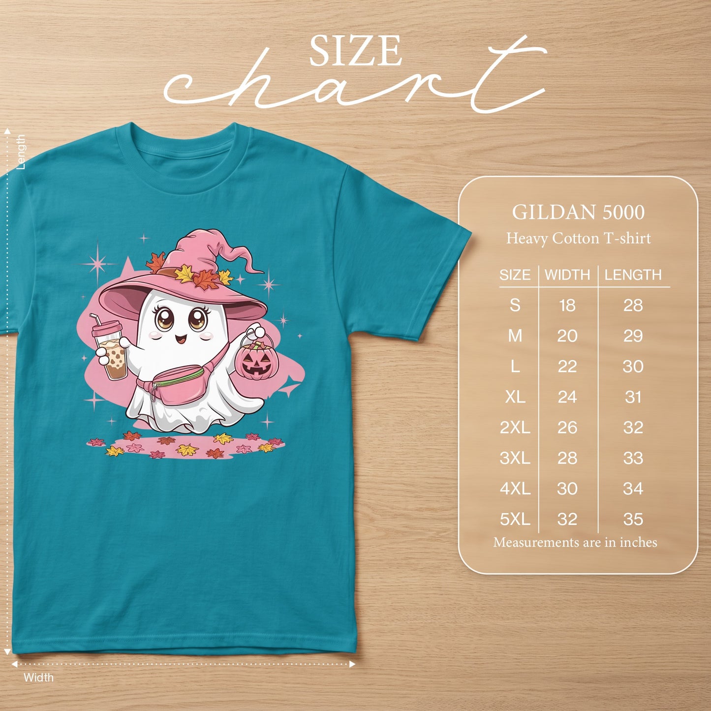 Teal t-shirt with cute ghost graphic and Gildan 5000 Heavy Cotton t-shirt size chart.
