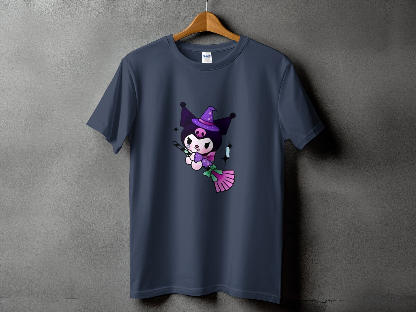 T-shirt with Kuromi wearing a witch hat and flying on a broom.