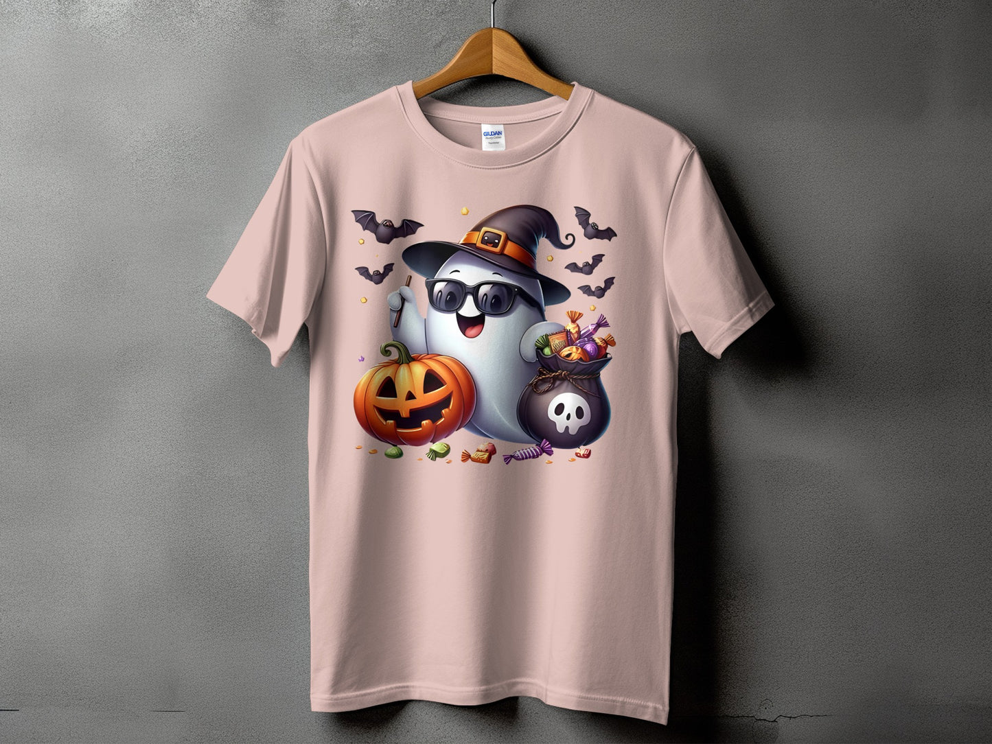 Ghost wearing witch hat and sunglasses holding candy bag with pumpkin and bats.