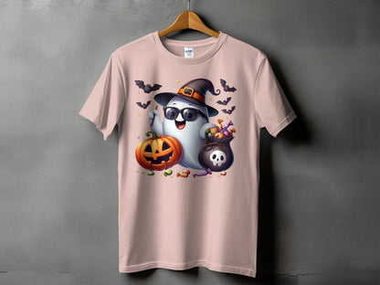 Ghost wearing witch hat and sunglasses holding candy bag with pumpkin and bats.