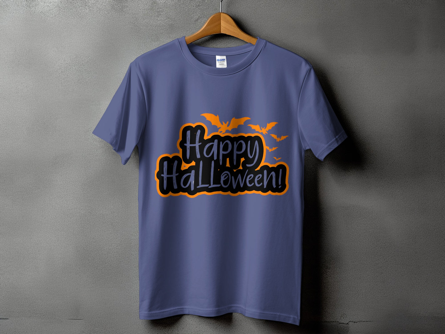 Purple t-shirt with orange bats and "Happy Halloween!" text graphic.