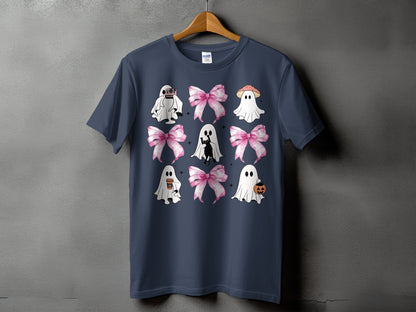 Dark navy t-shirt with a nine-panel graphic of ghosts, bows, and Halloween elements.