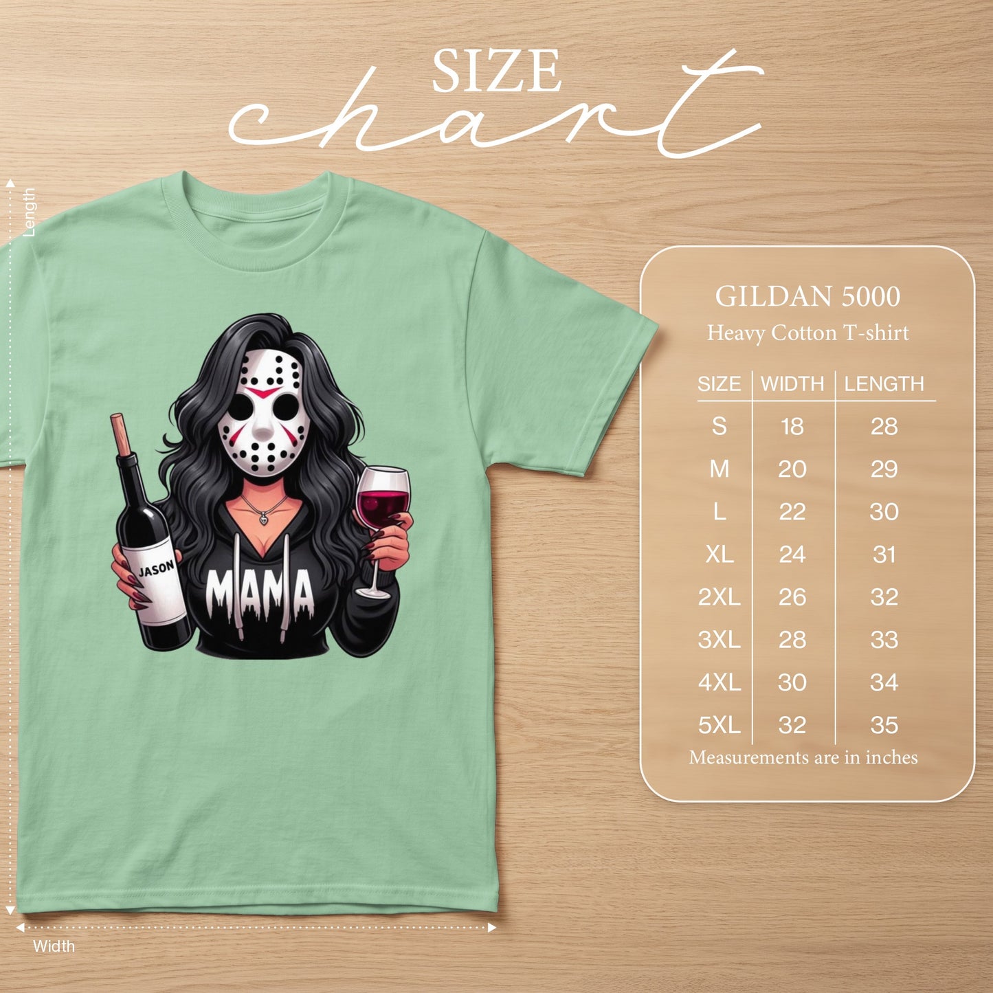 T-shirt with "Mama" graphic and woman in hockey mask holding wine bottle and wine.