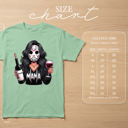 T-shirt with "Mama" graphic and woman in hockey mask holding wine bottle and wine.