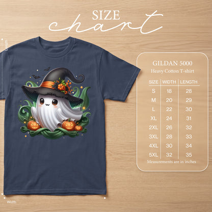 Navy t-shirt with a cute ghost wearing a witch hat and pumpkins. Size chart included.