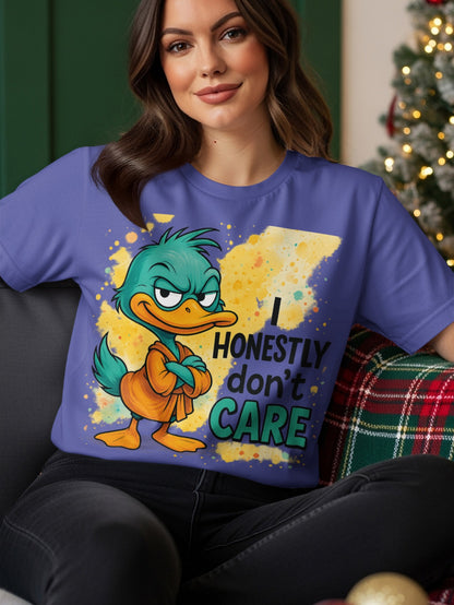 T-shirt with cartoon duck and text "I HONESTLY DON'T CARE".