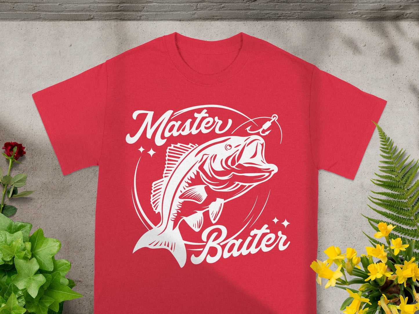 Red t-shirt with white "Master Baiter" text and a leaping fish graphic.
