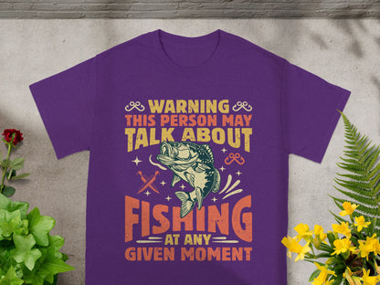Purple t-shirt with text and fish graphic: Warning, This person may talk about fishing.