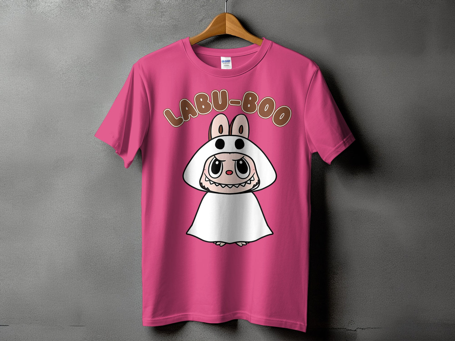 Pink t-shirt with "LABU-BOO" text and a cartoon character wearing a bunny hood.