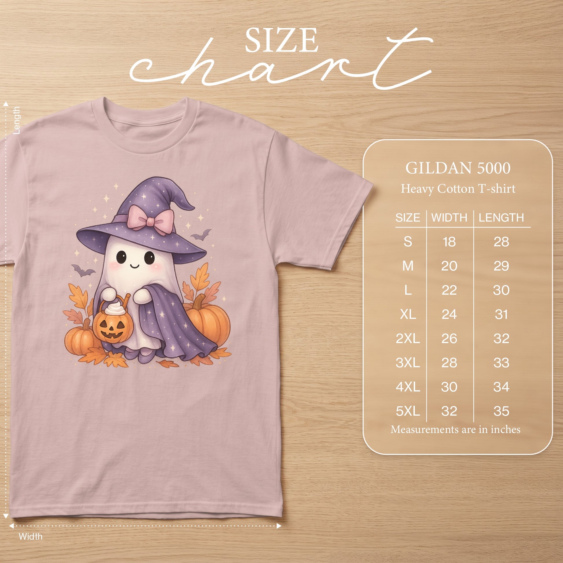 GILDAN 5000 Heavy Cotton T-shirt size chart with ghost Halloween graphic.