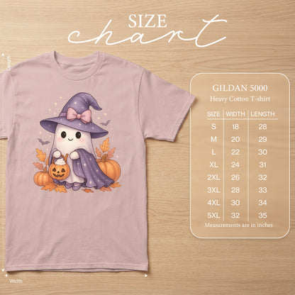 GILDAN 5000 Heavy Cotton T-shirt size chart with ghost Halloween graphic.